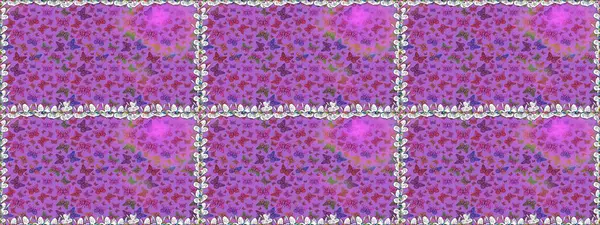 Menekşe arkaplanda renkli kelebekler. Renkli folklorlu, kelebekli kusursuz desen. Paketleme, kağıt, kumaş için uygun.