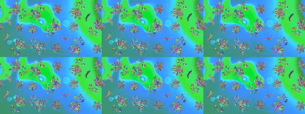 Raster illüstrasyonu. Renkli arka planda izole tatlı kar taneleri. Kar tanesi raster deseni. Mavi ve yeşil renkte kar taneleri.