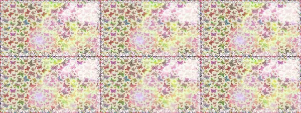 Raster illüstrasyonu. Renkli kelebeklerin kusursuz arka planı. Giysi tasarımı için tarafsız ve bej arkaplan dekorasyonu.