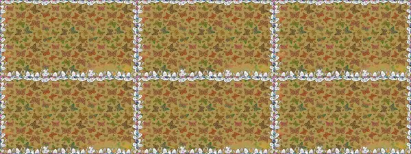 Kusursuz renksiz desen. Raster illüstrasyonu. Kitap sayfaları için çiçek ormanlarında uçan güzel kelebekler. Sarı renkli resimler. Fantezi güzel illüstrasyon.