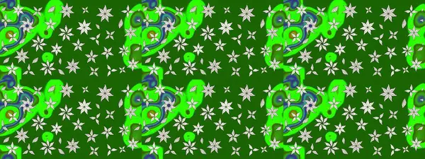 Yeşil renkli etnik çiçeklerle süslenmiş zarif bir eskiz şekli. Raster Çiçek İllüstrasyon Şirin Tekstil.