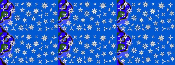 Renkli desenli eskiz deseni, mavi çiçekler ve dekoratif elementlerle. Eskiz geçmişi. Raster illüstrasyonu. Kumaş, tekstil, duvar kağıdı baskısı için. Antika retro tarzı.