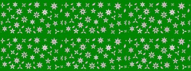 Raster illüstrasyonu. Şirin çiçekli eskiz deseni ve yeşil renkli yapraklar, suluboya çiçek deseni, duvar kağıdı, kart veya kumaş için fayanslı.