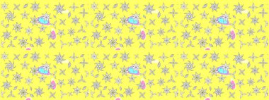 Bahar çiçekleri dallı desen, sarı renkler ve çiçek silueti. Raster deseni.