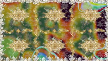 Klasik raster sarısı, kusursuz desen. Çiçek süsü kumaş deseni, cam, çiçek desenli metal altın elementli yeşil renkte.
