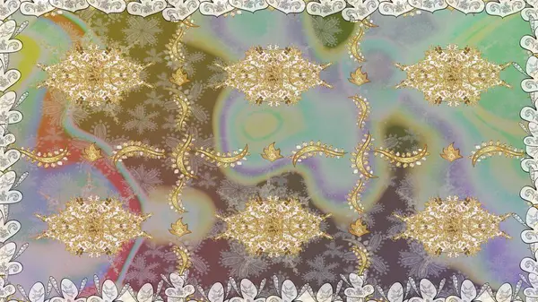 Tarafsız renklerde Royal retro. Altın elementler Kart, duvar kağıdı, ambalaj ve tekstil için klasik tasarım. Klasik çiçek dokusu. Raster illüstrasyonu. Altın şablon.