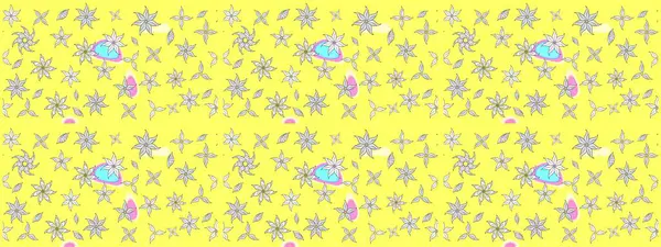 Bahar çiçekleri dallı desen, sarı renkler ve çiçek silueti. Raster deseni.