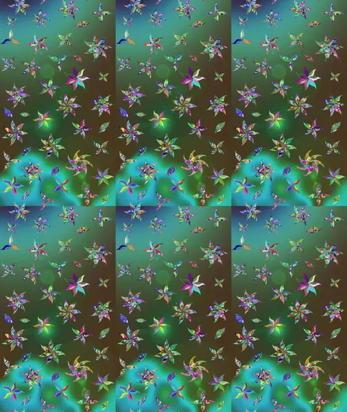Çok yeşil zarif küçük çiçekler ve yeşil renkli komik böcekler, raster desen, illüstrasyon.