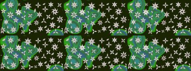 Çok renkli, zarif küçük çiçekler ve gri renkli komik böcekler, raster desen, illüstrasyon.