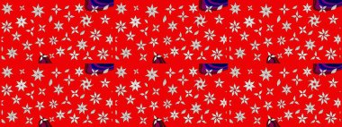 Üzerinde gelincikler ve vadi zambakları olan renkli çiçek desenli nakış deseni. Tekstil tasarımı için kırmızı renkte geleneksel Raster çiçek buketi.