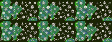 Çok renkli, zarif küçük çiçekler ve gri renkli komik böcekler, raster desen, illüstrasyon.