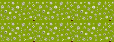 Yeşil arka planda. Çocuksu tasarım. Tekstil, kumaş, ambalaj, hatıra defteri için hoş bir çiçek arkaplanı. Elle çizilmiş karalama çiçekleri ile Raster çizim deseni.