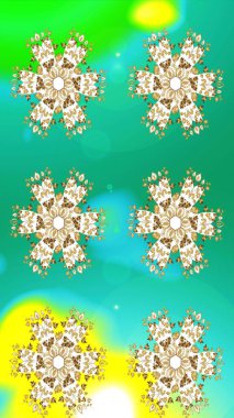 Yıldızlı ve düşen kar taneleriyle büyülü altın tatil soyut arka plan. Raster illüstrasyonu. Noel yeşili, mavi ve sarı.