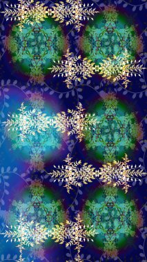 Raster illüstrasyonu. Renkli arka planda izole tatlı kar taneleri. Kar taneleriyle mavi, yeşil ve gri renkler.