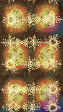 Kar tanesi raster deseni. Renkli arka planda izole tatlı kar taneleri. Kahverengi, nötr ve sarı renkli kar taneleri. Raster illüstrasyonu.