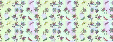 Millefleur 'lar. Küçük, nötr, gri ve bej renkte, çiçeklerle oldukça eski bir besin torbası deseni. Tekstil, kumaş, kapak, duvar kâğıdı, baskı, örgü, dekupaj için çiçeksiz arkaplan.