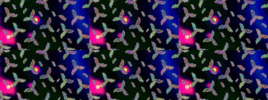 Noel ve yeni yıl moda baskıları için tatil tasarımı. Kar tanelerinin soyut arkaplanı olan şirin bir Noel arkaplanı. Siyah, mavi ve yeşil kar taneleri. Raster illüstrasyonu. Renkler.