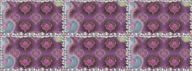 Çiçek buketleriyle klasik tarzda kusursuz desenler. Mor renklerde. Raster illüstrasyonu.