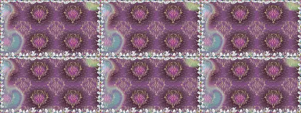 Çiçek buketleriyle klasik tarzda kusursuz desenler. Mor renklerde. Raster illüstrasyonu.