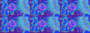 Raster illüstrasyonu. Mavi renkli çiçekler. Çiçek desenli çizim. Asya tekstil tarzında. Raster illüstrasyonu.