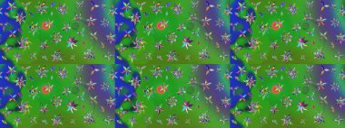 Raster illüstrasyonu. Çiçek desenli çizim. Asya tekstil tarzında. Raster illüstrasyonu. Yeşil renkte çiçekler.