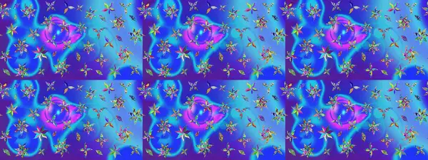 Raster illüstrasyonu. Mavi renkli çiçekler. Çiçek desenli çizim. Asya tekstil tarzında. Raster illüstrasyonu.