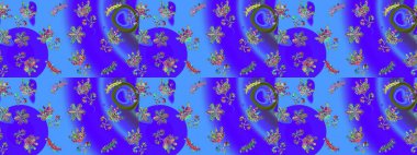 Raster illüstrasyonu. Raster illüstrasyonu. Çiçek desenli çizim. Mor, mavi ve yeşil renkte çiçekler. Asya tekstil tarzında.