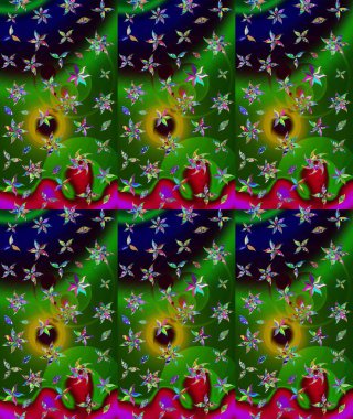 Yeşil renkli Asya tekstili. Suluboya çiçekli çiçek deseni. Raster illüstrasyonu.