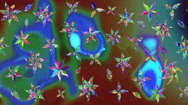 Raster Floral Illustration, Asyalı tekstil. Mavi renkli etnik çiçeklerle zarif eskiz deseni.