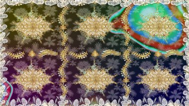 Çiçek desenli altın metal. Kusursuz altın desen. Raster altın çiçek süsü brokar kumaş ve cam desenli. Altın elementli gri renkler.