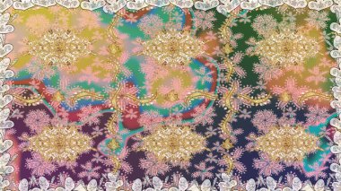 Bej renkli altın bir element. Damask arkaplanı. Altın çiçekli, pürüzsüz desen. Barok tarzında altın çiçekli süs..