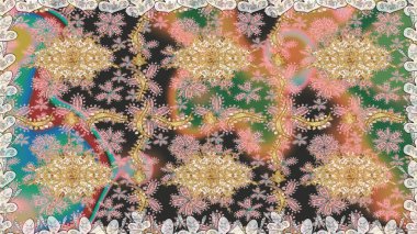 Bej renkli geleneksel Arapça dekor. Çiçekli süslemeli, pürüzsüz bir desen. Duvar kâğıdı için altın süslü bir illüstrasyon. Doğu tarzında klasik tasarım öğesi. Süslü dantel iz sürücü.