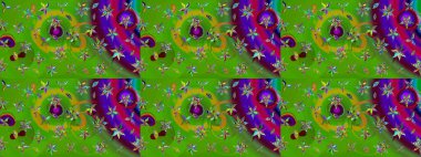 Çok yeşil zarif küçük çiçekler ve yeşil renkli komik böcekler, raster desen, illüstrasyon.