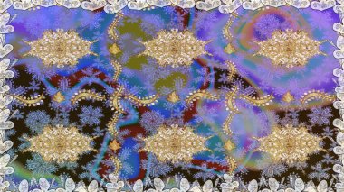 Mor renklerde altın element. Damask kusursuz yinelenen arkaplan. Barok tarzında altın çiçekli süs. Doku arkaplanı üzerine altın duvar kağıdı.