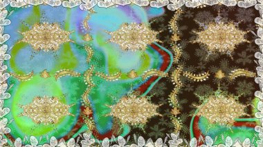 Doğulu stil, altın elementli yeşil renkli altın desenli arabesk yapar. Kusursuz kıvırcık saçlar. Raster altın desen.