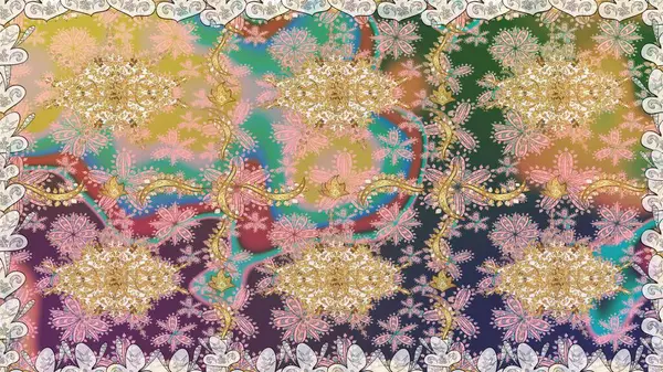 Bej renkli altın bir element. Damask arkaplanı. Altın çiçekli, pürüzsüz desen. Barok tarzında altın çiçekli süs..