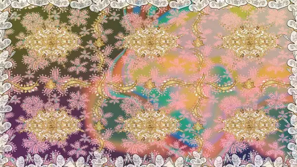 Raster illüstrasyonu. Bej renkler ve altın elementler üzerinde altın pürüzsüz desen. Tekrarlayan elementlerle soyut arkaplan oluşturun. Kusursuz, klasik altın desen..