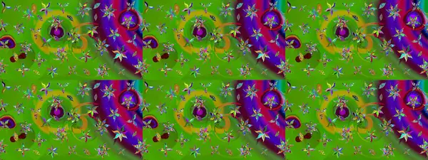 Çok yeşil zarif küçük çiçekler ve yeşil renkli komik böcekler, raster desen, illüstrasyon.