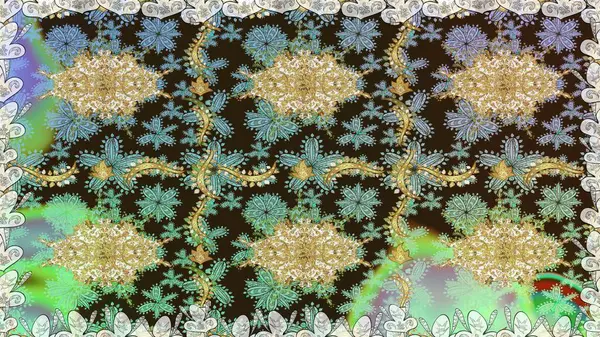 Paisleys zarif çiçek desenli dikişsiz arka plan duvar kâğıdı illüstrasyonuyla klasik stil, modern 3D çizgili sanat altın ve kahverengi desenli çiçek yaprakları ve süslemeleri..