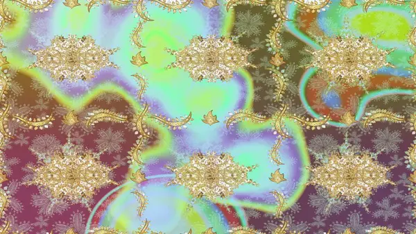 Süslü dekorasyon. Damask altın soyut çiçek nötr renklerde pürüzsüz desen. Raster illüstrasyonu.