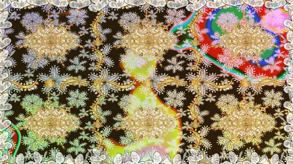 Altın çiçekli, pürüzsüz desen. Damask arkaplanı. Barok tarzında altın çiçekli süs. Kahverengi renklerdeki altın element.