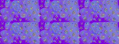 Parlak renkli çiçekleri ve mor renkli yaprakları olan harika bir çiçek deseni. Moda baskıları için zarif bir şablon. Modern çiçek arkaplanı. Halk stili.