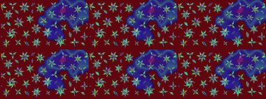 Şirin çiçekli, desenli, kırmızı renkli bir eskiz deseni. Tekstil için suluboya eskiz deseni. El çizimi çiçek çizimi deseni (fayans)).