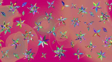 Çok renkli zarif küçük çiçekler ve pembe renkli komik böcekler, raster desen, illüstrasyon.