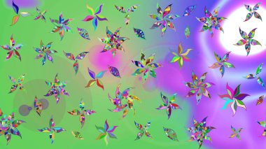 Raster illüstrasyonu. Çiçek desenli eskiz, darbeler, sıçramalar, yaz çiçekleri. Yeşil renkte çiçekler.