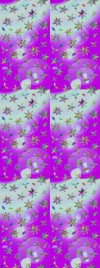 Raster illüstrasyonu. Çiçek desenli çizim. Mor renklerde Asya tekstili.