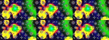 Yeşil renkli şirin çiçek deseni. Renkli Bahar Teması eskiz kalıbı. Düz Çiçek Elementleri Tasarımı. Raster Modaya uygun kumaş deseni.