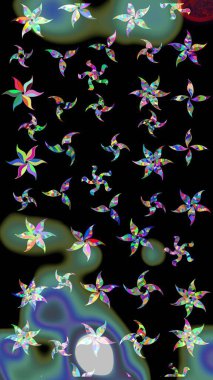 Kumaş, tekstil, duvar kağıdı baskısı için. Eskiz geçmişi. Raster illüstrasyonu. Eski usul. Renkli desenli eskiz deseni, siyah çiçekler ve dekoratif elementlerle.