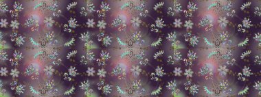 Raster suluboya çiçek deseni, narin çiçekler, gri, kahverengi ve mor çiçekler, tebrik kartı şablonu. Raster Güzel kumaş deseni.