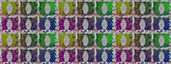 Raster illüstrasyonu. Çiçek buketleriyle klasik tarzda kusursuz desenler. Yeşil renklerde.